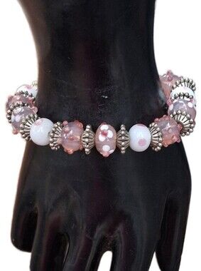 Vintage Murano Style Artisan Lampwork Glass Bead Bracelet Pink Polka Dot Floral